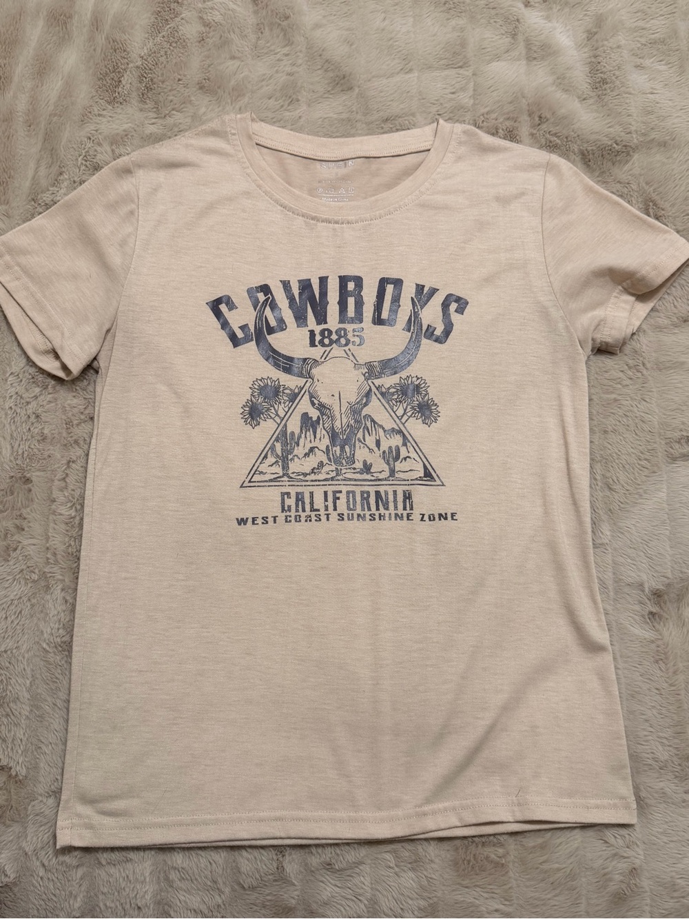 SHEIN Beige Short Sleeve Graphic Tee with Navy 'Cowboys' Print